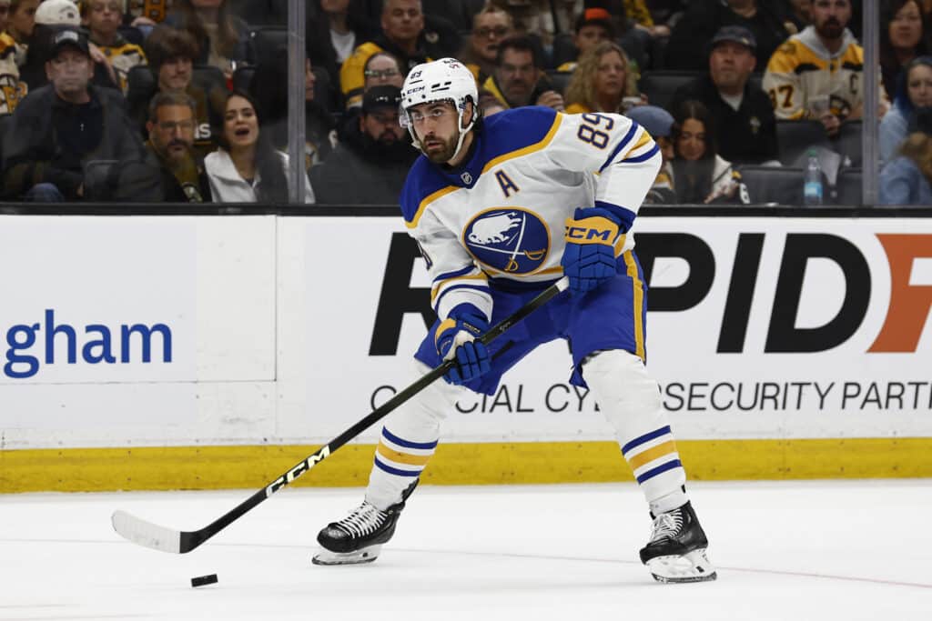 Oct 11, 2025; Boston, Massachusetts, USA; Buffalo Sabres right wing Alex Tuch (89) moves in on goal against the Boston Bruins during the second period at TD Garden. Mandatory Credit: Winslow Townson-Imagn Images