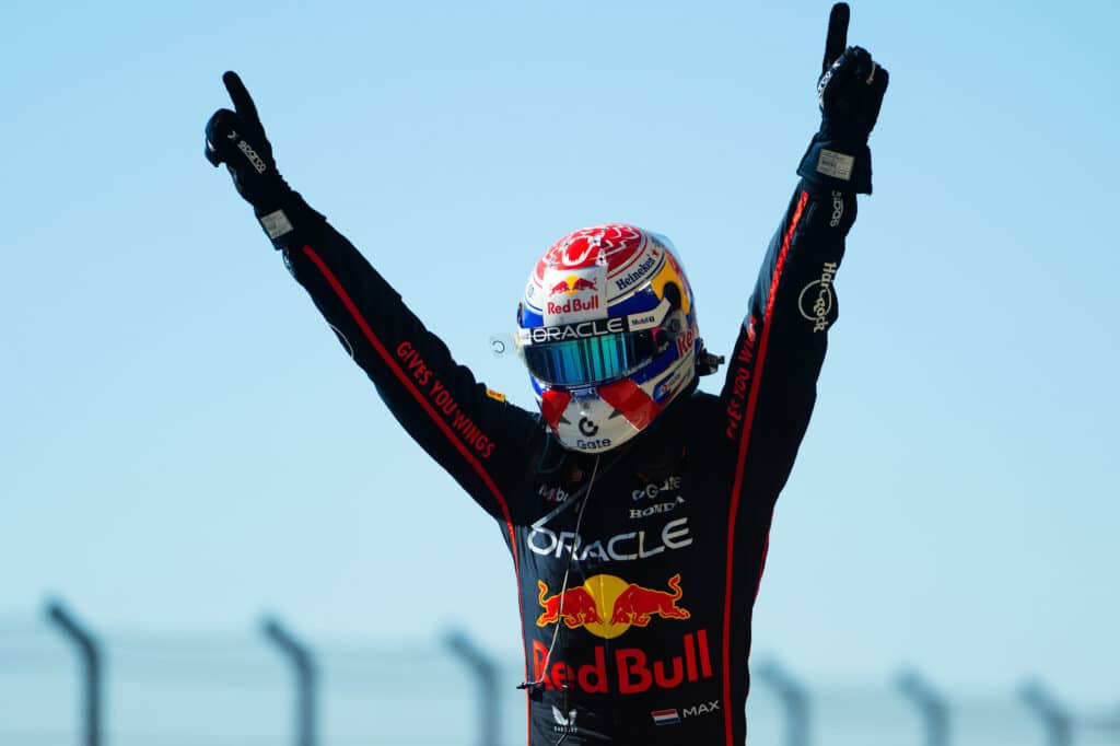 AUSTIN, TEXAS - OCTOBER 19: Race winner Max Verstappen of the Netherlands and Oracle Red Bull Racing celebrates on arrival in parc ferme during the F1 Grand Prix of United States at Circuit of The Americas on October 19, 2025 in Austin, Texas. (Photo by Rudy Carezzevoli/Getty Images) // Getty Images / Red Bull Content Pool // SI202510200020 // Usage for editorial use only //