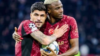 Victor Osimhen of Galatasaray and Eren Elmali of Galatasaray looks on after the final whistle during the UEFA Champions League 2025/26 League Phase MD4 match between AFC Ajax and Galatasaray A.S. at Johan Cruijff ArenA on November 5, 2025 in Amsterdam, Netherlands.