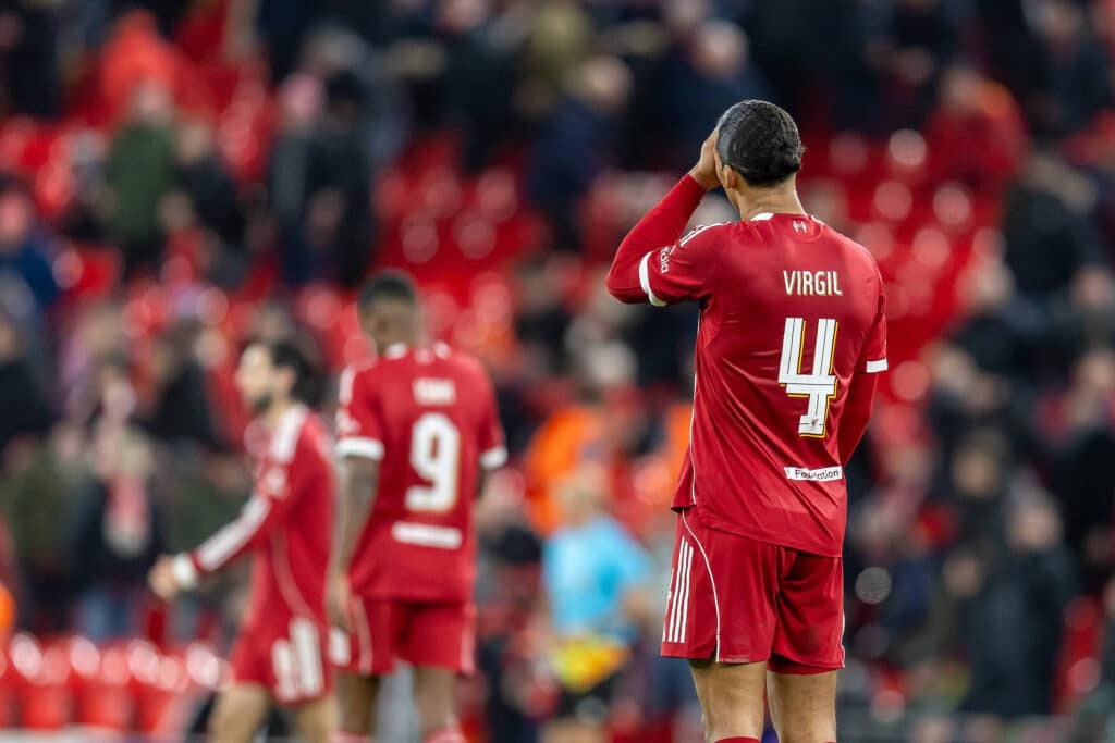 Liverpool v PSV Eindhoven Champions League 26/11/2025. Disappointed Liverpool defender Virgil van Dijk 4 afterthe Champions League match between Liverpool and PSV Eindhoven at Anfield, Liverpool, England on 26 November 2025. Editorial use only , Copyright: xManjitxNarotrax PSI-23272-0027