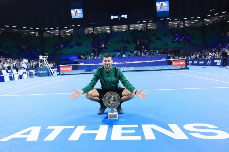BGUK_3413135 - Athens, GREECE  The Serbian tennis Player Novak Djokovic defeated Lorenzo Musetti in the Final of the Hellenic Championship ATP 250 at Telekom Center Athens. 

Djokovic was supported by his family. His wife Jelena Djokovic with their children. Both his brothers Marko and Djordje, as well as his parents Srdjan and his mother Dijana.

*PICTURES TAKEN ON THE 08/11/2025*

Pictured: Novak Djokovic

BACKGRID UK 10 NOVEMBER 2025 

UK: +44 208 344 2007 / uksales@backgrid.com

USA: +1 310 798 9111 / usasales@backgrid.com

*Pictures Containing Children Please Pixelate Face Prior To Publication*