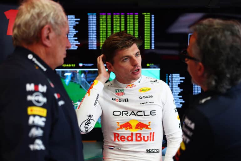 SAO PAULO, BRAZIL - NOVEMBER 07: Max Verstappen of the Netherlands and Oracle Red Bull Racing talks in the garage during practice ahead of the F1 Grand Prix of Brazil at Autodromo Jose Carlos Pace on November 07, 2025 in Sao Paulo, Brazil. (Photo by Mark Thompson/Getty Images) // Getty Images / Red Bull Content Pool // SI202511070598 // Usage for editorial use only //