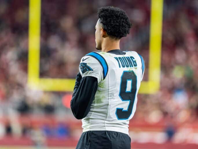 Santa Clara, CA U.S.A Carolina quarterback Bryce Young (9) on the sideline during the NFL Monday Night Football game between Carolina Panthers and the San Francisco 49ers. San Francisco beat Carolina 20-9 at Levi Stadium San Francisco Calif. Thurman James / CSM