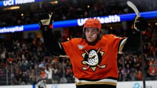 Nov 26, 2025; Anaheim, California, USA; Anaheim Ducks center Leo Carlsson (91) gestures after scoring during the second period against the Vancouver Canucks at Honda Center. Mandatory Credit: William Liang-Imagn Images