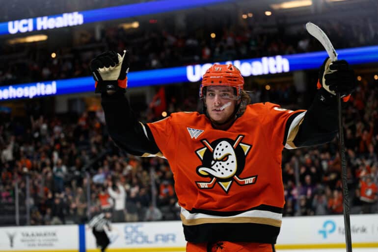Nov 26, 2025; Anaheim, California, USA; Anaheim Ducks center Leo Carlsson (91) gestures after scoring during the second period against the Vancouver Canucks at Honda Center. Mandatory Credit: William Liang-Imagn Images