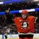 Nov 26, 2025; Anaheim, California, USA; Anaheim Ducks center Leo Carlsson (91) gestures after scoring during the second period against the Vancouver Canucks at Honda Center. Mandatory Credit: William Liang-Imagn Images