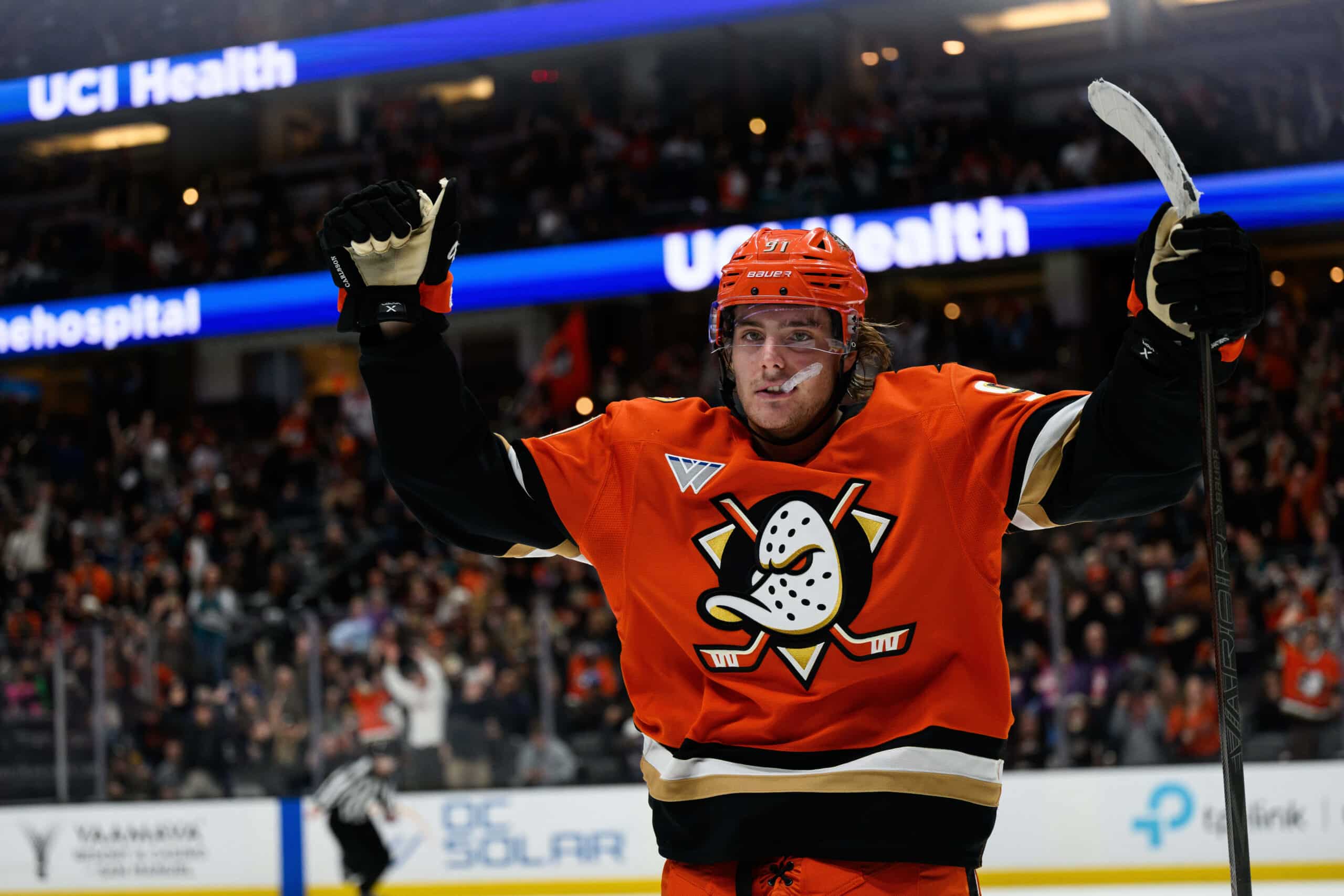 Nov 26, 2025; Anaheim, California, USA; Anaheim Ducks center Leo Carlsson (91) gestures after scoring during the second period against the Vancouver Canucks at Honda Center. Mandatory Credit: William Liang-Imagn Images