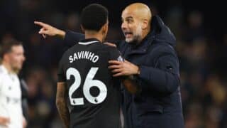 Manchester City manager Pep Guardiola gestures while talking to Manchester City midfielder Savinho (26) on the pitch at full time during the Fulham v Manchester City Premier League match at Craven Cottage, London, England on 2 December 2025
Credit: Sally Rawlins/Every Second Media