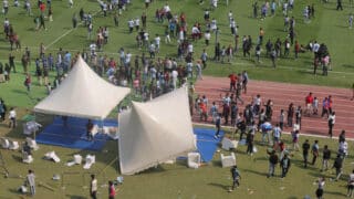 epa12588661 Fans throw bottles and chairs and vandalise hoardings at Salt Lake Stadium in Kolkata, West Bengal, India, 13 December 2025. Following Messis brief five-minute appearance, unrest broke out among fans who had paid a significant amount but were unable to see the Argentine football legend.  EPA/PIYAL ADHIKARY