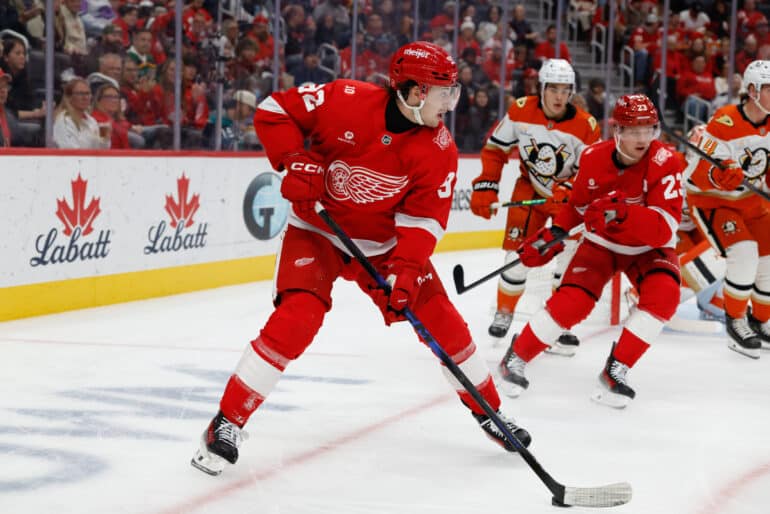 Nov 13, 2025; Detroit, Michigan, USA;  Detroit Red Wings center Marco Kasper (92) skates with the puck in the second period against the Anaheim Ducks at Little Caesars Arena. Mandatory Credit: Rick Osentoski-Imagn Images