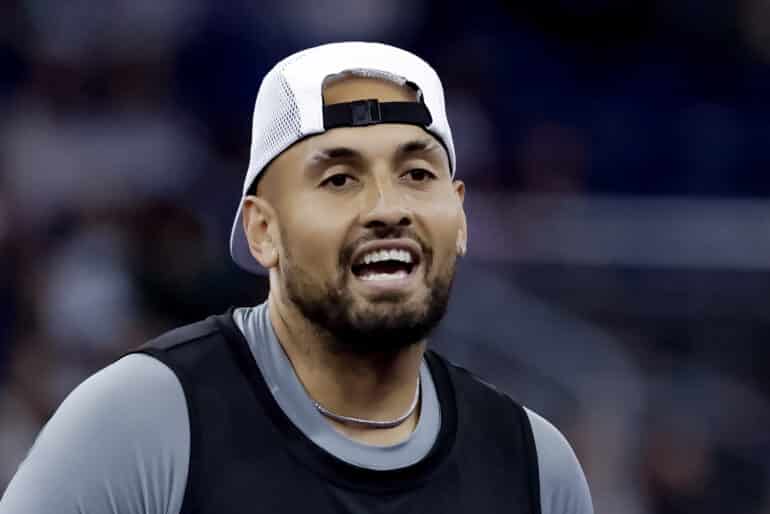 epa12576232 Nick Kyrgios of Australia reacts against Ben Shelton of the US during an Atlanta Cup tennis exhibition match in Duluth, Georgia, USA, 06 December 2025.  EPA/ERIK S. LESSER
