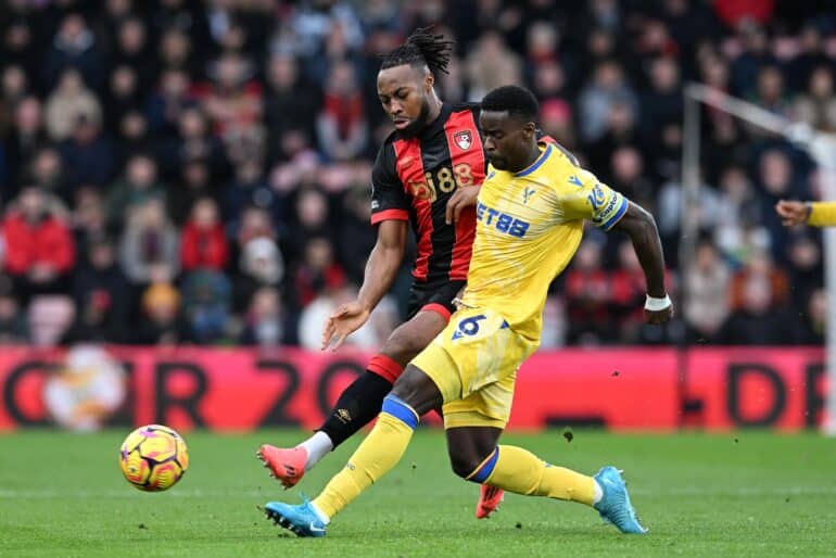 Marc Guehi (6) of Crystal Palace on the attack battles for possession with Antoine Semenyo (24) of AFC Bournemouth during the Premier League match between Bournemouth and Crystal Palace at the Vitality Stadium, Bournemouth