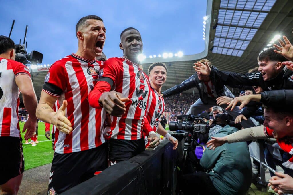 Sunderland midfielder Granit Xhaka (34) and Sunderland defender Nordi Mukiele (20) celebrate goal, 1-0, scored by Newcastle United forward Nick Woltemade (27) own goal during the Sunderland v Newcastle United Premier League match at the Stadium of Light, Sunderland, England on 14 December 2025
Credit: Phil Duncan/Every Second Media