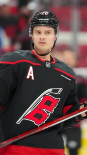 May 24, 2025; Sunrise, Florida, USA; Florida Panthers center Aleksander Barkov (16) celebrates after a goal during the third period against the Carolina Hurricanes in game three of the Eastern Conference Final of the 2025 Stanley Cup Playoffs at Amerant Bank Arena. Mandatory Credit: Sam Navarro-Imagn Images