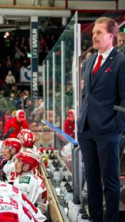 Oct 2, 2025; Toronto, Ontario, CAN; Detroit Red Wings center Emmitt Finnie (58) celebrates at the bench after scoring an empty net goal against the Toronto Maple Leafs during the third period at Scotiabank Arena. Mandatory Credit: Nick Turchiaro-Imagn Images